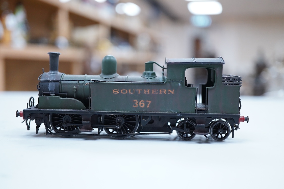 An EM gauge scratch built model railway locomotive by John Worsley, a Southern Railway Adams Class T1 0-4-4T, 367, a highly detailed model with opening smoke box door showing the details of the blast pipe and boiler tube